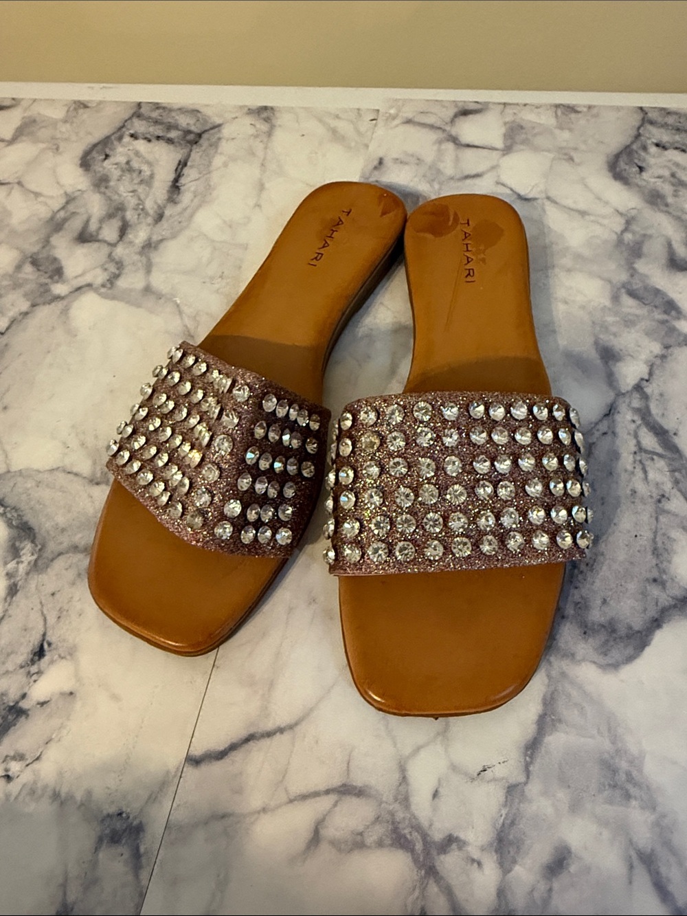 Tahari Rose Pink Crystal Slide Sandals